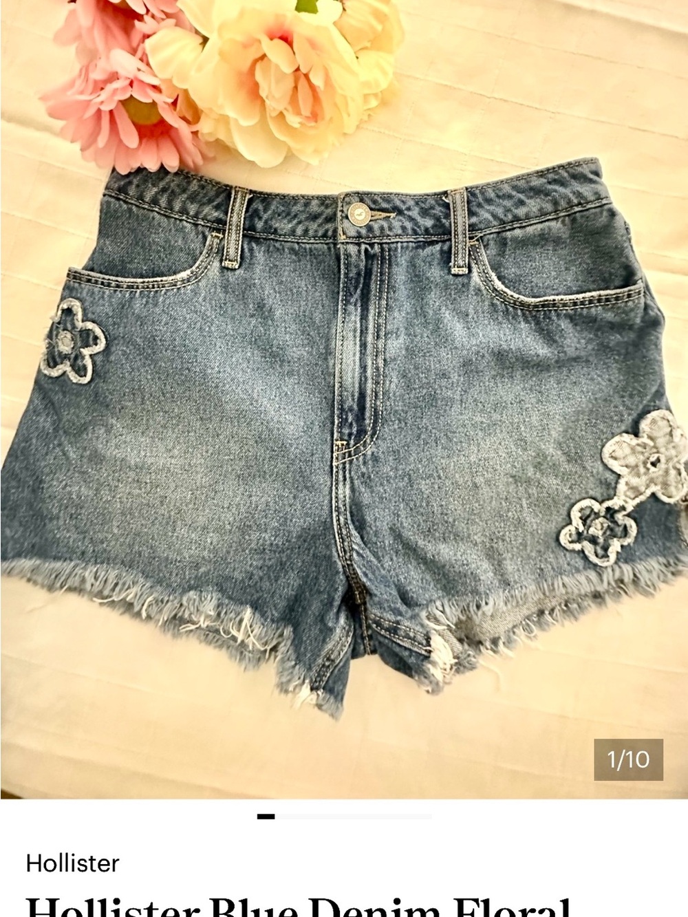Hollister Blue Denim Floral Appliqué High-Rise Shorts